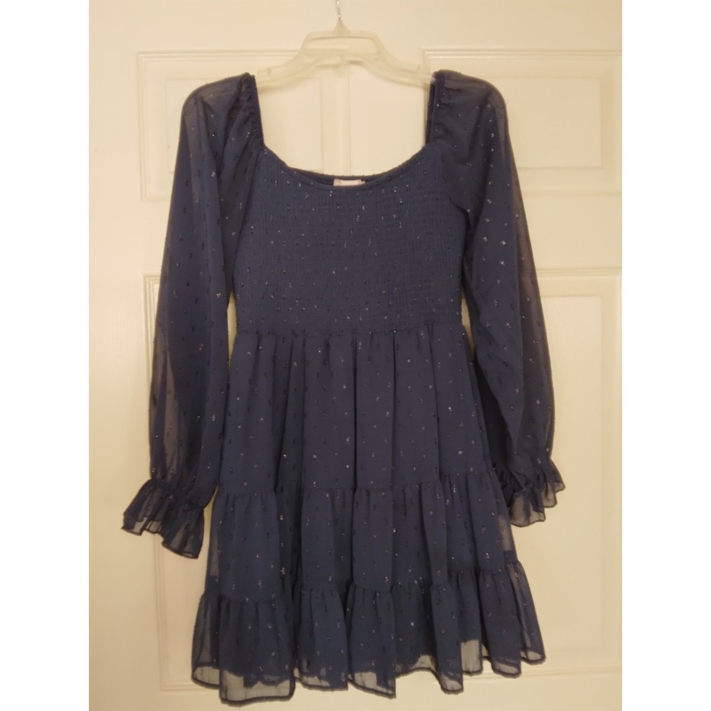 Altar'd State dress Dk Sparkled Blue ruffled hem Elastasized bodice sheer sleeve